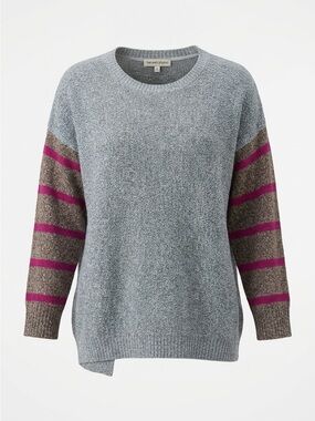 Blue Crewneck Sweater with Gray & Magenta Stripe Sleeves